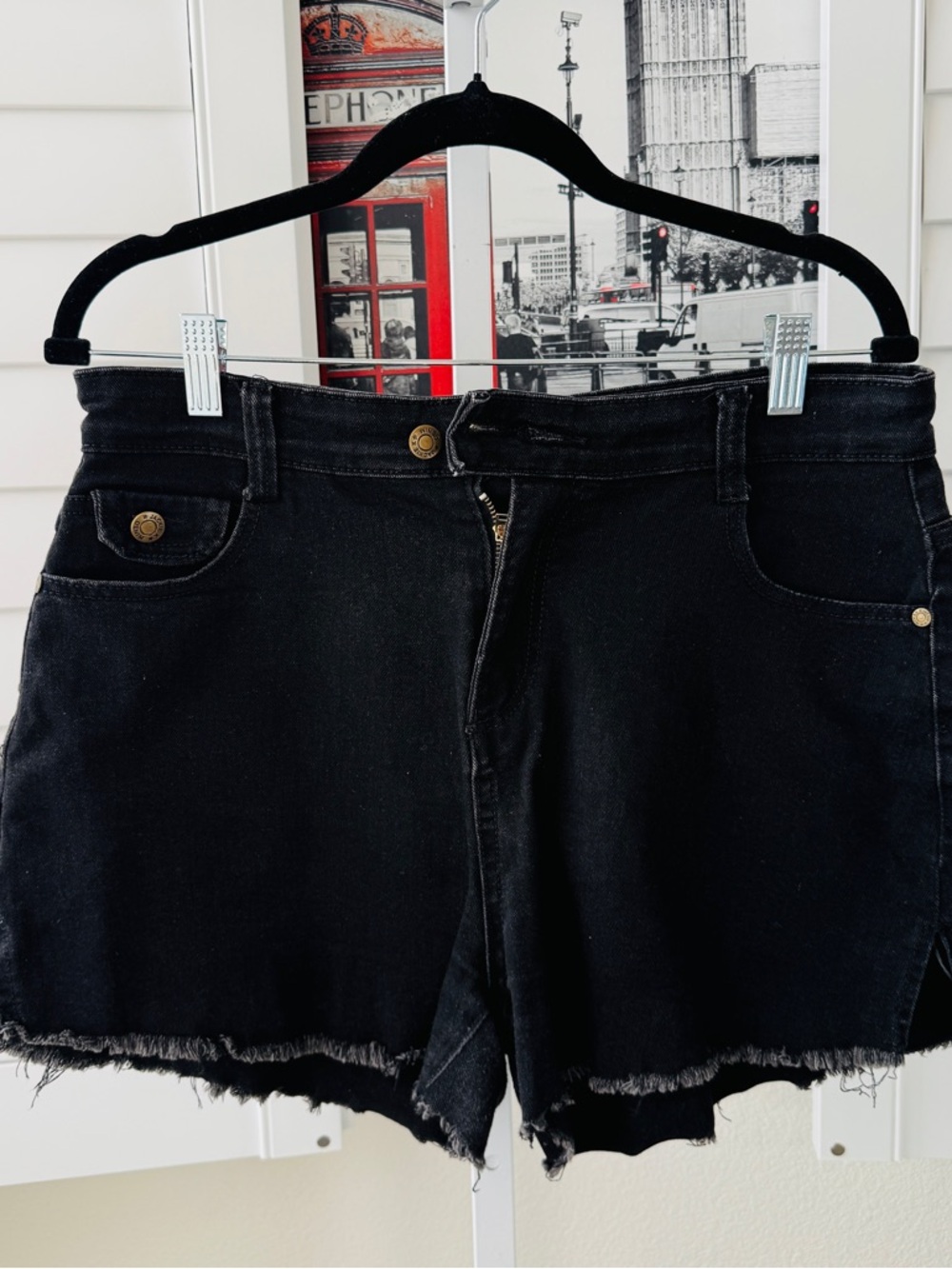 Jackie K High-Rise Distressed Black Denim Shorts. Size 32